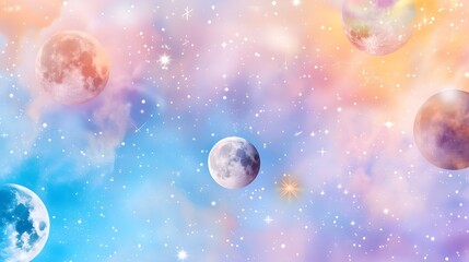 Dreamy pastel watercolor moon phases pattern with softly glowing celestial elements creating a mystical and atmosphere
