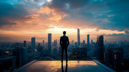 Fototapeta na wymiar Businessman standing on rooftop overlooking city skyline at sunset business success concept 