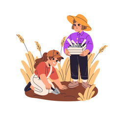 Baby farmers planting agriculture field. Cute little girls work, dig soil to seeding together. Happy kids farming with tools on rural ground. Flat isolated vector illustration on white background