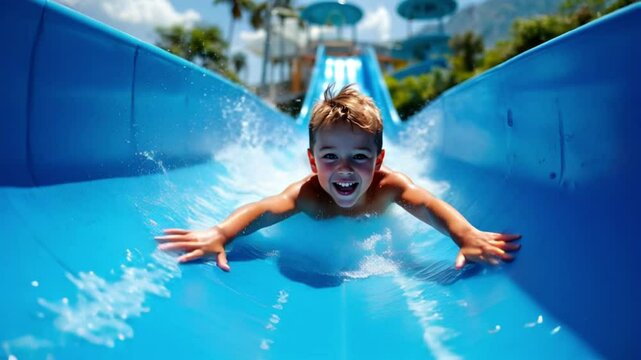 Boy going down waterslide in slow motion