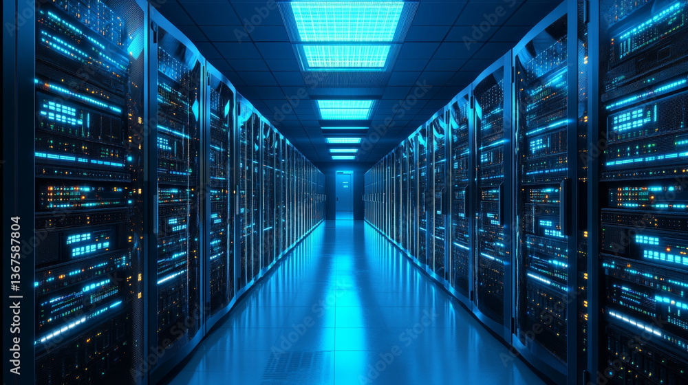 Poster isometric modern server room, cybersecurity infrastructure, big data storage and cloud computing tec
