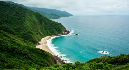 Obraz premium Secluded cove beach serene coastal landscape vibrant turquoise water. AI Generated