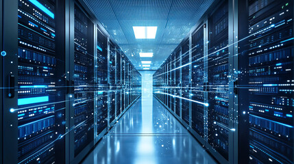 Isometric modern Server Room, Cybersecurity Infrastructure, Big Data storage and Cloud Computing technology concept.