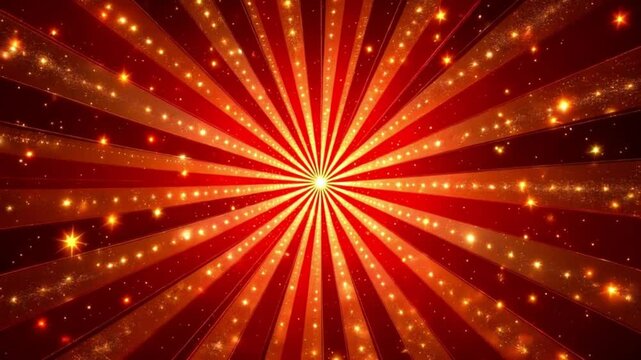 Circus animated rotation looped background of red and gold lines stripe with star constellations light bulbs tinsel. Retro motion graphic sun beam ray. Vintage fun fair burst. Abstract Carnival circle