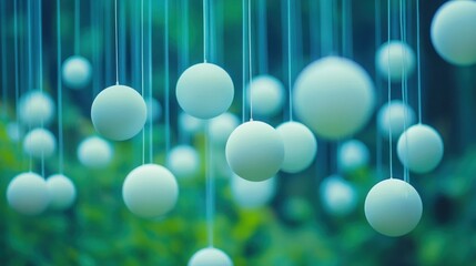 Numerous white spheres hang from strings against a blurred green background, creating an abstract and ethereal scene.