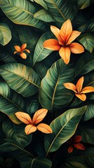  Lush Tropical Arrangement of Green Leaves and Orange Flowers