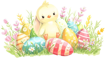 Happy easter,  egg shell, eggs, and spring flowers. Spring pastel colors illustration, watercolor Easter chicken with colorful eggs and flowers