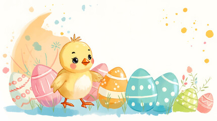 Happy easter,  egg shell, eggs, and spring flowers. Spring pastel colors illustration, watercolor Easter chicken with colorful eggs and flowers