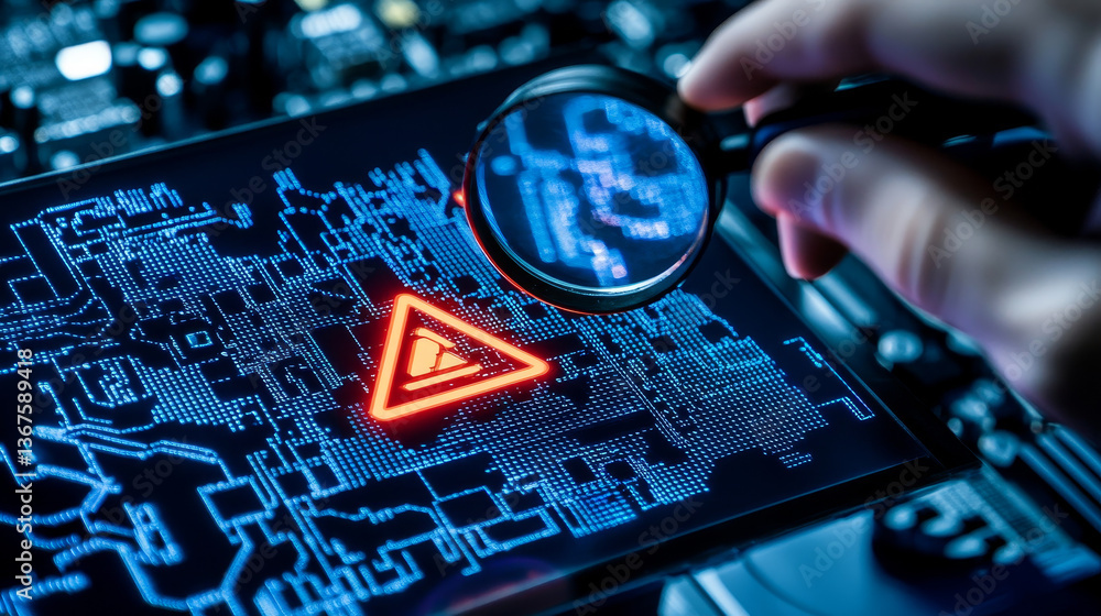 Poster system engineer identifying problem in computer network system. red triangle with exclamation mark a