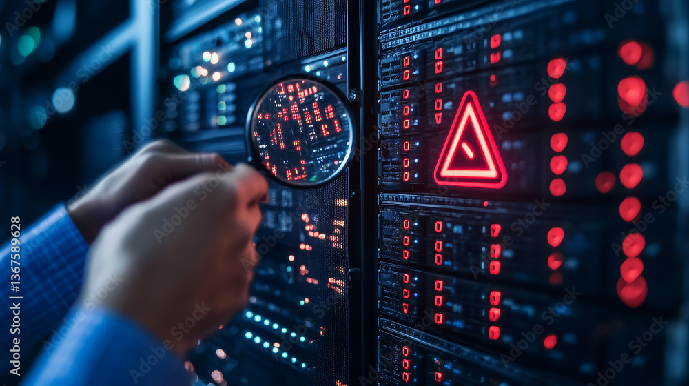 Poster system engineer identifying problem in computer network system. red triangle with exclamation mark a