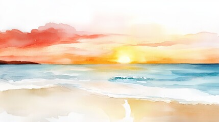 Simple watercolor portraying a tranquil beach sunset with vibrant hues over the calm sea and soft waves lapping at the shore