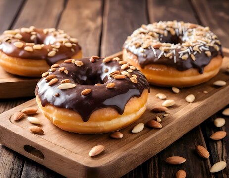 close-up of two donuts served on a wooden tray, each donut has a different topping, macca with grated chopped nuts, chocolate with sliced ​​almonds, warm lighting, wooden background