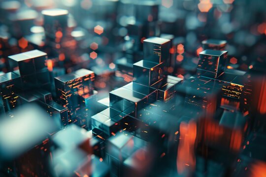 Futuristic cityscape at night with abstract glowing cubes, featuring a blue and orange color scheme