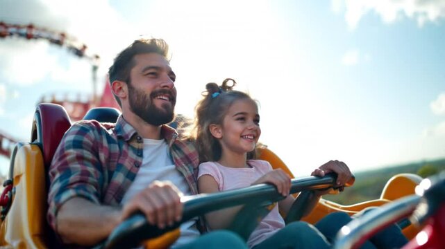 Dad and daughter riding a roller coaster, adrenaline and fun in amusement park