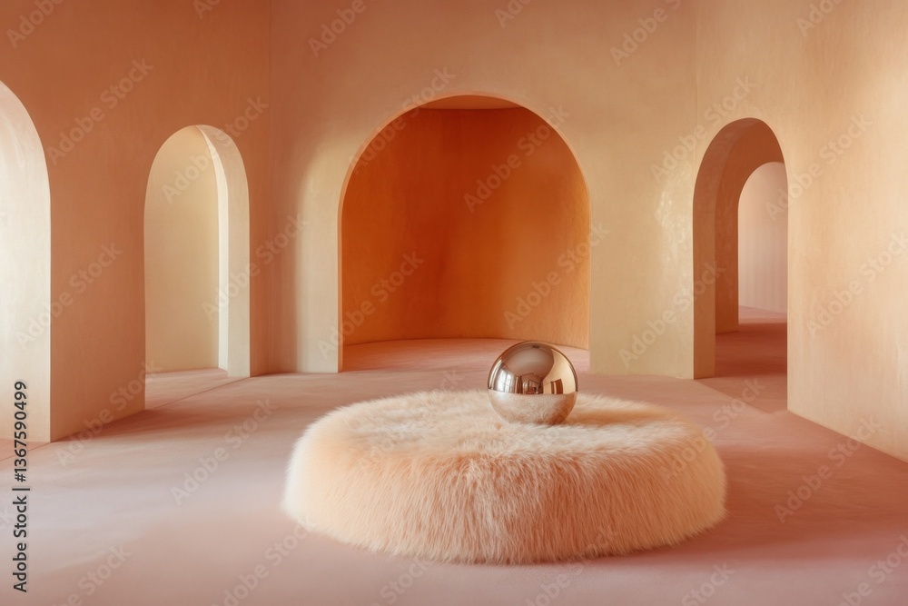 Poster All-fur circular podium with a single chrome sphere placed on top, set against the backdrop of arched walls in a peach-fuzz color, capturing a minimalist aesthetic.