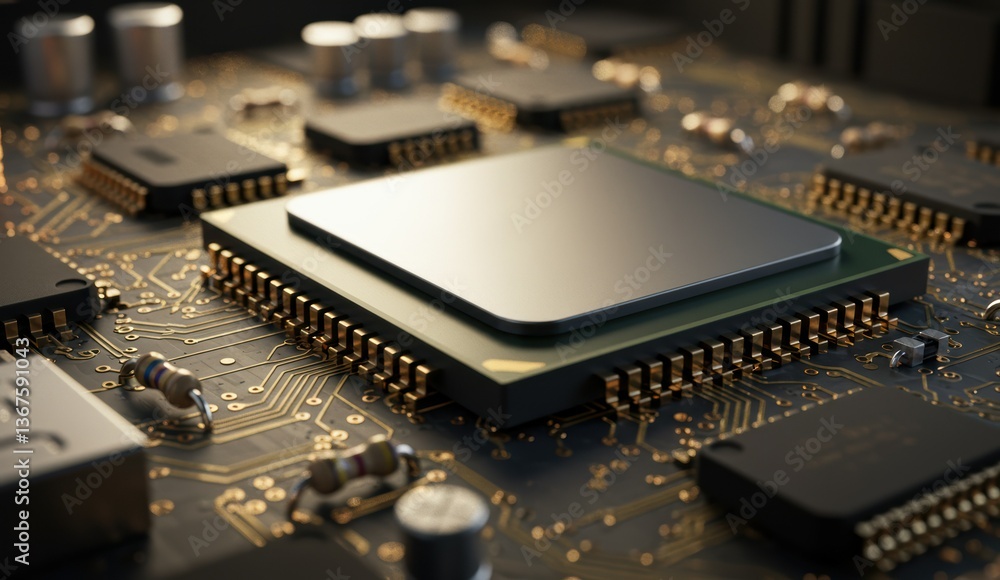 Poster microchip located on circuit board featuring golden circuitry. represents technology, innovation, an