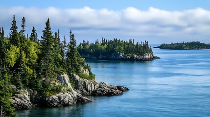 Coastal Landscape with Rocky Shoreline and Island View on Calm Sea