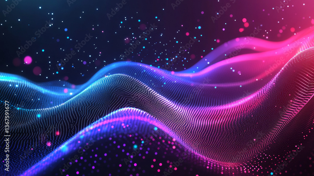 Poster vector illustration of futuristic digital technology background with glowing dots floating on digita