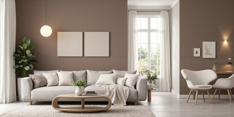 Mocha Musse wallpaper in a smooth, matte finish with subtle, delicate patterns, covering the walls of a modern living room.