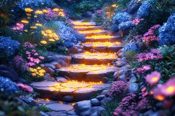 Obraz premium Vibrant garden pathway glows under a magical twilight, inviting all to explore its whimsical charm and colorful blossoms