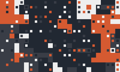 Abstract geometric pattern of pixelated squares in shades of orange, white, and gray on a dark background.  Ideal for tech, design, or modern presentations.