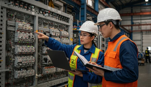 Asian male and female engineers inspecting electrical panel in industrial setting, highlighting teamwork and technology.