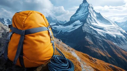 Backpack and climbing rope resting on mountain peak overlooking the matterhorn