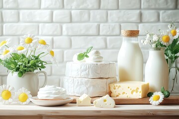 Fresh dairy delights showcase a colorful array of milk products, including soft cheese and aromatic flowers on a rustic table