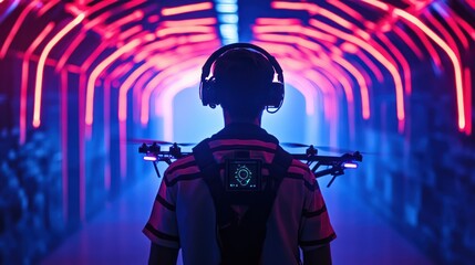 Drone enthusiast preparing for flight in a neon illuminated futuristic tunnel