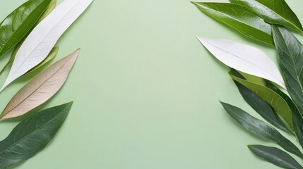 Fototapeta premium Natural leaf arrangement on soft green background close-up photography minimalist aesthetic nature