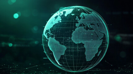 Digital Globe Earth set in cyber style. Wireframe globes with grid showcasing continents: Europe, Asia, Africa, and America. Futuristic neon green design on a dark background. Vector illustration