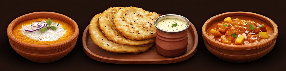 3D curry and rice meal set. Curry bowl, naan bread, yogurt dip, soda cup, tray, Indian restaurant for a flavorful meal, illustration