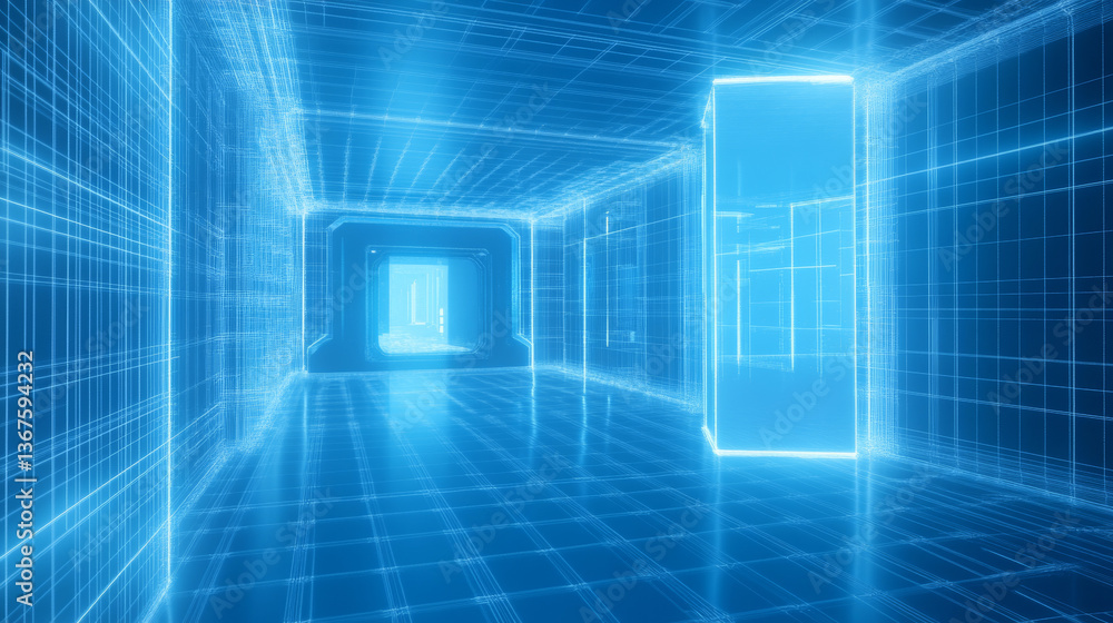 Aufkleber metaverse text 3d wireframe room on the plue background. vector perspective grid. futuristic vr game