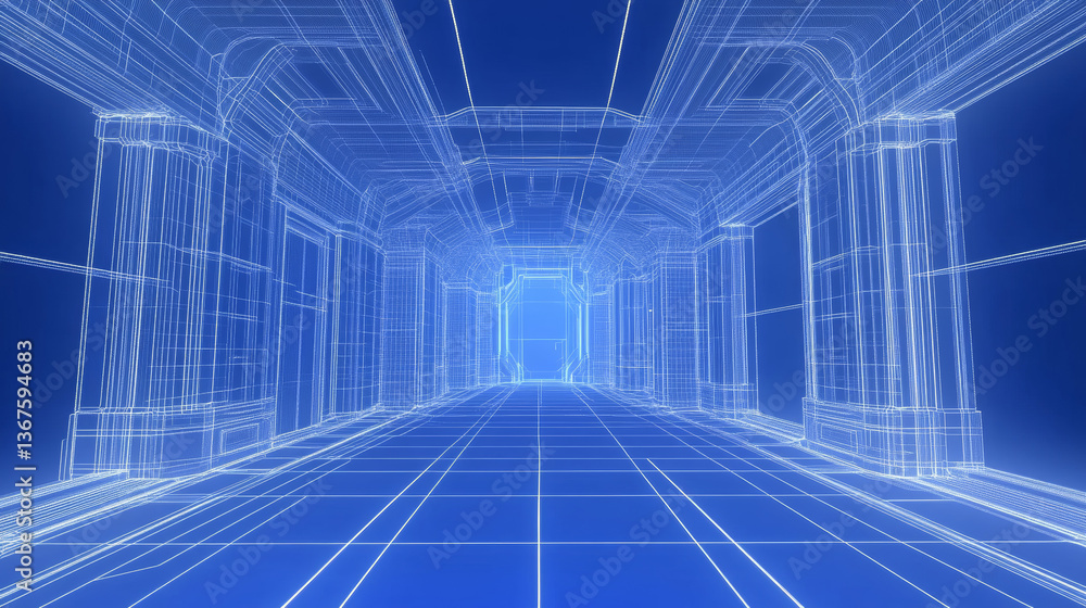 Aufkleber metaverse text 3d wireframe room on the plue background. vector perspective grid. futuristic vr game