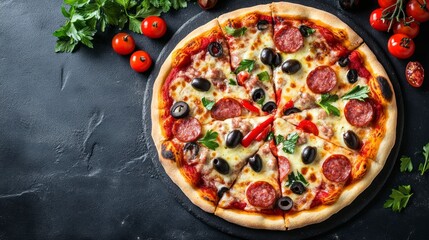 Serving Delicious Pepperoni Pizza with Black Olives on a Dark Background