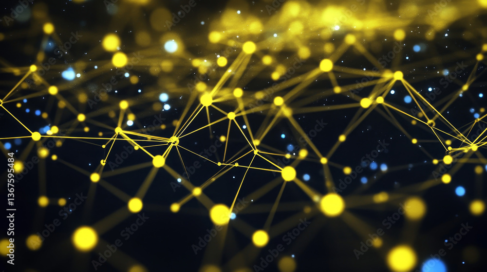Poster blockchain network , machine learning , deep learning and neural networks concept. yellow distribute
