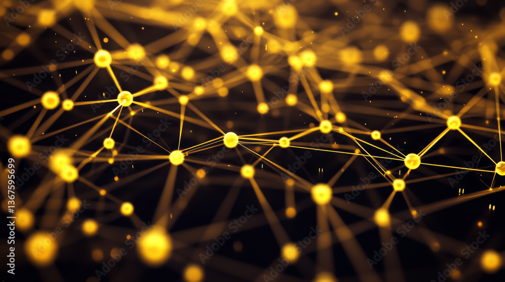 Poster blockchain network , machine learning , deep learning and neural networks concept. yellow distribute