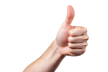 Confident thumbsup gesture studio image close-up approval and success expression on transparent background
