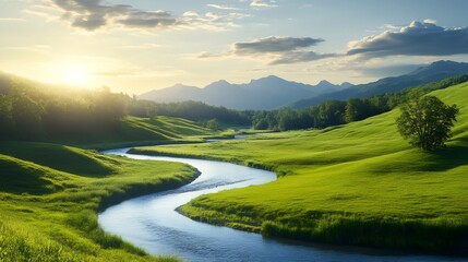 Fototapeta premium Winding river flowing through green meadow at sunset in mountain valley