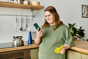 Confident young woman with Down syndrome enjoying a cozy moment at home while checking her phone