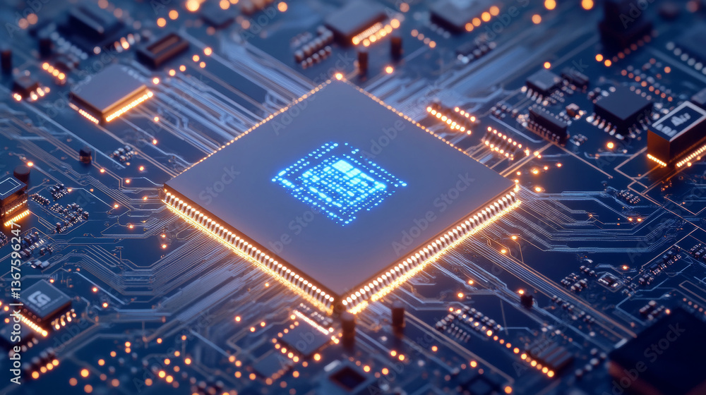 Aufkleber artifical intelligence technology concept on brightly glowing ai chip with light circuit board on te