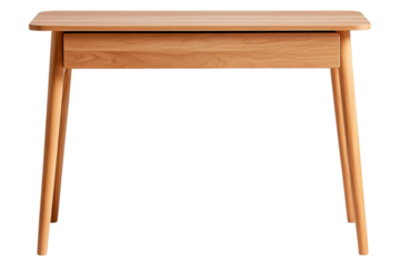 Create a sleek workspace with a compact minimalist writing desk featuring built-in storage on transparent background