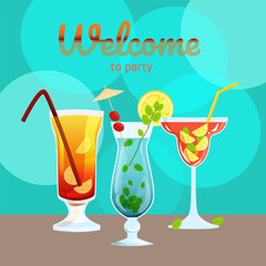 Illustration with three drinks for party vector on background  that says welcome to the party.eps
