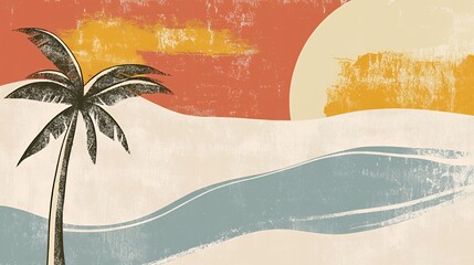 A serene beach landscape with a palm tree against a colorful sunset backdrop.