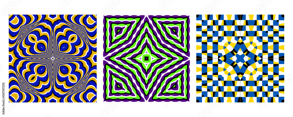 Poster hypnotic geometric patterns with striking symmetry and a neon-inspired color scheme. a fusion of op 