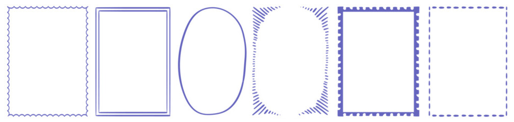 Stamp inspired frames for greeting cards, wedding and birthday party, picnic invitations in marine Mediterranean sea coastal style. Hand drawn ornament borders for social media decoration template.