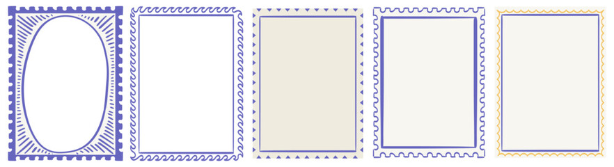 Stamp inspired frames for greeting cards, wedding and birthday party, picnic invitations in italian or greek marine sea coastal style. Hand drawn ornament borders for social media decoration template.