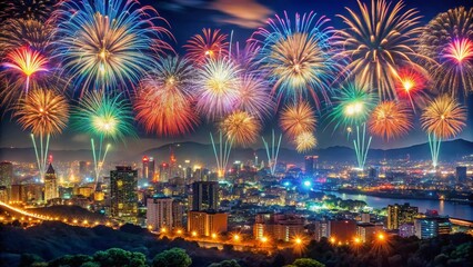 Fukuoka City Fireworks Festival: Colorful Explosions in Night Sky - Closeup Bokeh