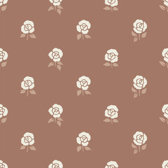 Retro floral seamless pattern with elegant cream roses on earthy brown