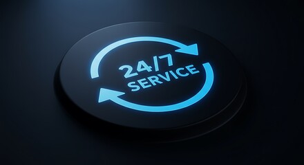Futuristic 247 service button glows with neon blue circular arrows on dark background ideal for website banners or app interfaces